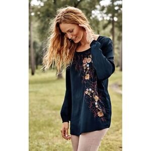 J.Jill Womens Floral Embroidered‎ Rayon Top Scoop Neck Long Sleeve Size M